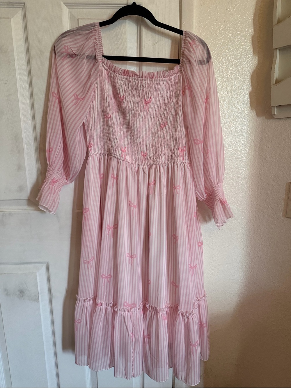Pink Sheer Bow Print Midi Dress